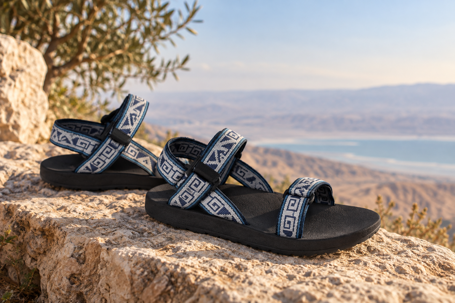 Blue and white outdoor sandals in an Israeli landscape
